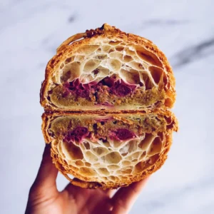 Podwójnie-zapiekany-croissant-z-pistacją-malinami-i-różą-świeżo-upieczona